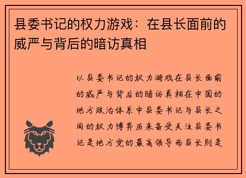 县委书记的权力游戏：在县长面前的威严与背后的暗访真相