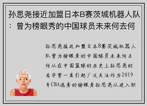 孙思尧接近加盟日本B赛茨城机器人队：曾为榜眼秀的中国球员未来何去何从？